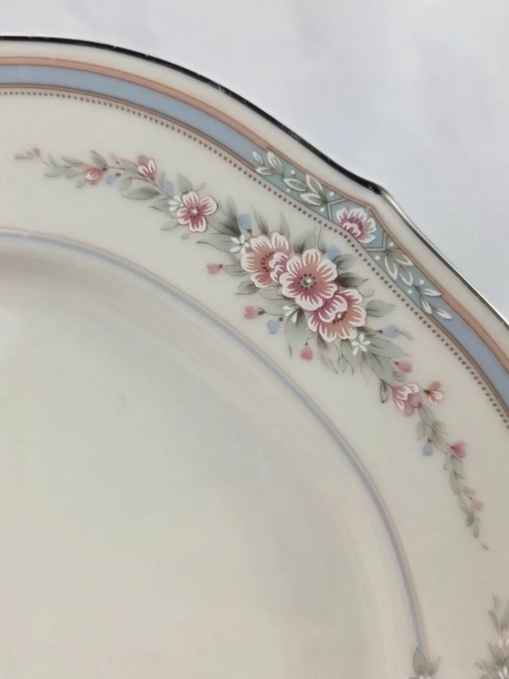 TWO Noritake Rothschild Dinner Plates Ivory Blue Band with Pink Flowers